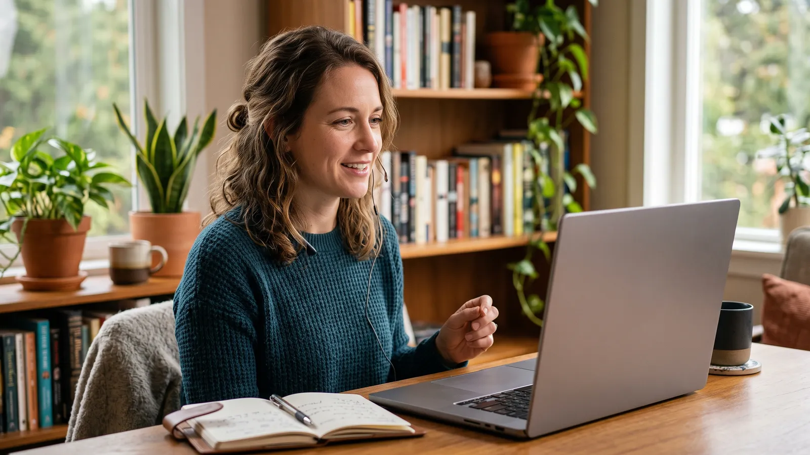 A professional on a video call at a home desk with a notebook, no meeting bot