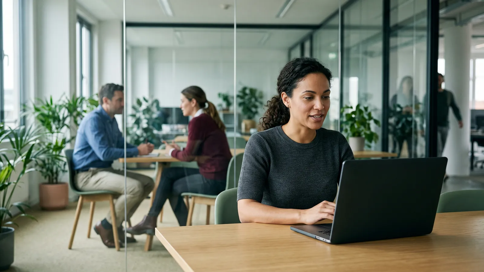 A professional on an open, transparent video call in a glass-walled office