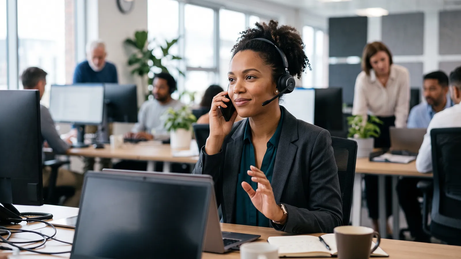 A salesperson with a headset listening to an objection and about to respond