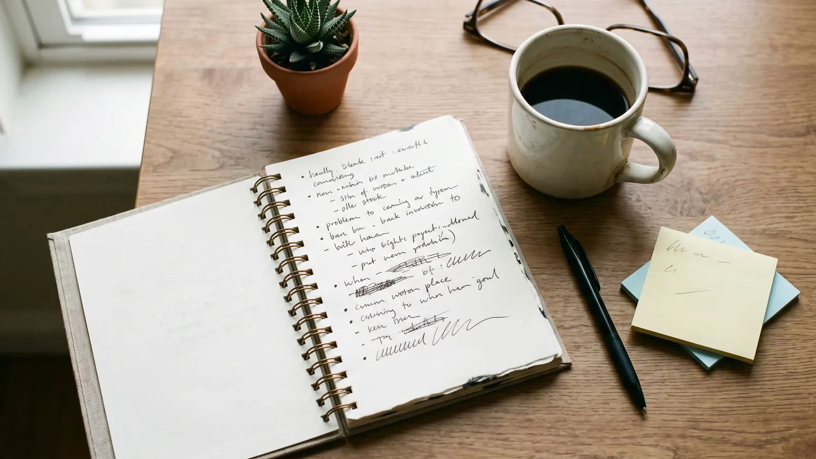 A notebook of handwritten meeting minutes with coffee and sticky notes