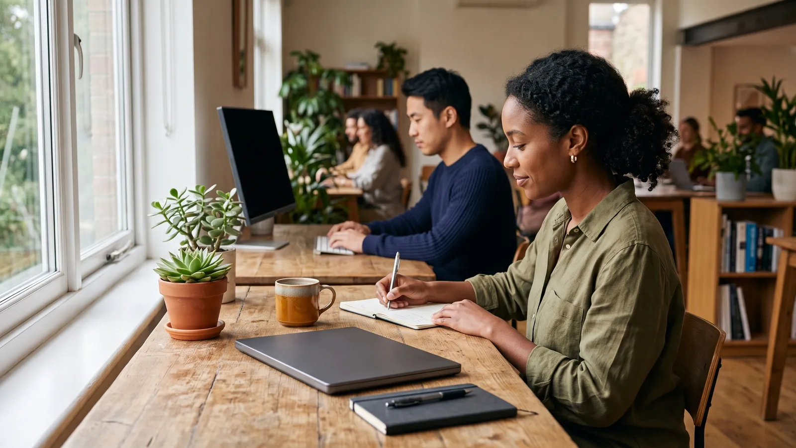 A closed laptop on a wooden desk by a window, a calm private workspace