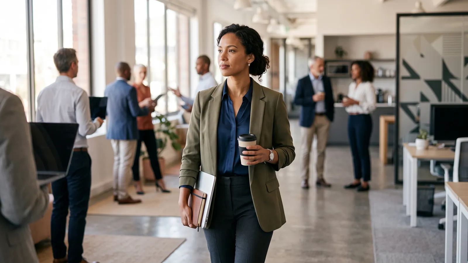 A professional walking between meetings with a laptop and coffee