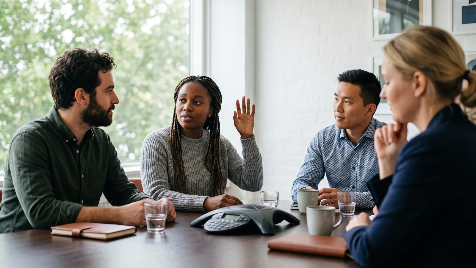 A team meeting where one person raises a hand to ask about recording consent