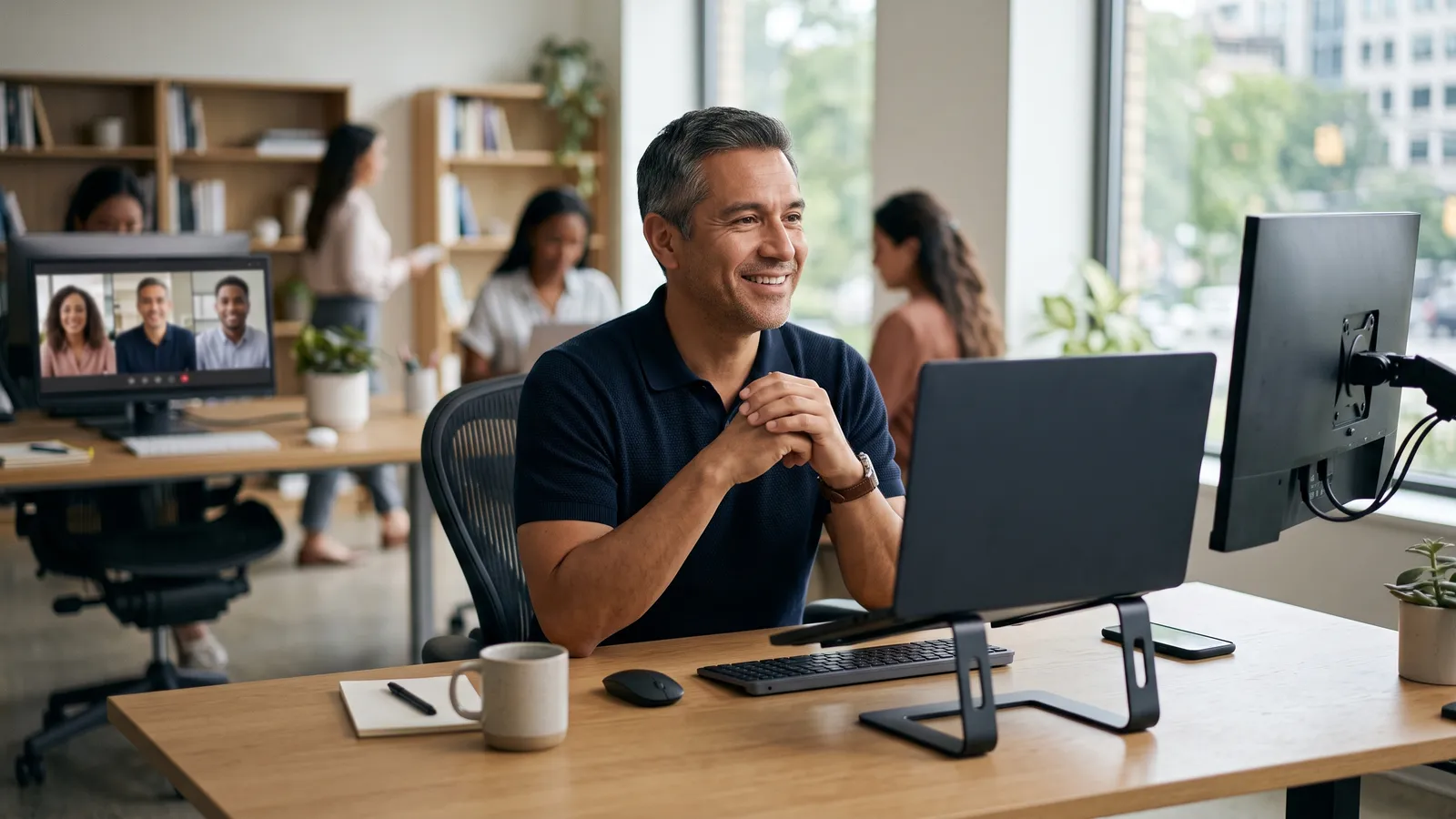 A professional relaxed and in control during a video meeting