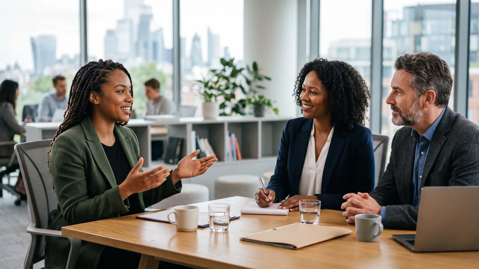 A candidate answering a behavioral interview question in front of two interviewers