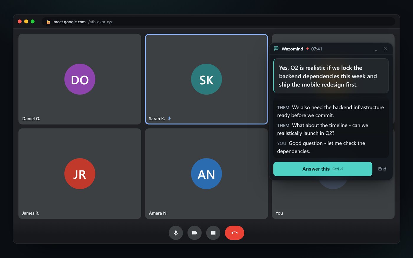 Wazomind showing a live transcript and the answer to say next during a Google Meet call