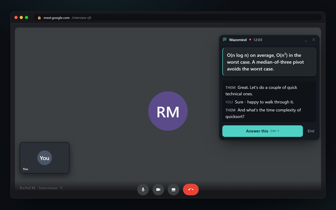 Wazomind suggesting a follow-up question during a candidate interview on a video call