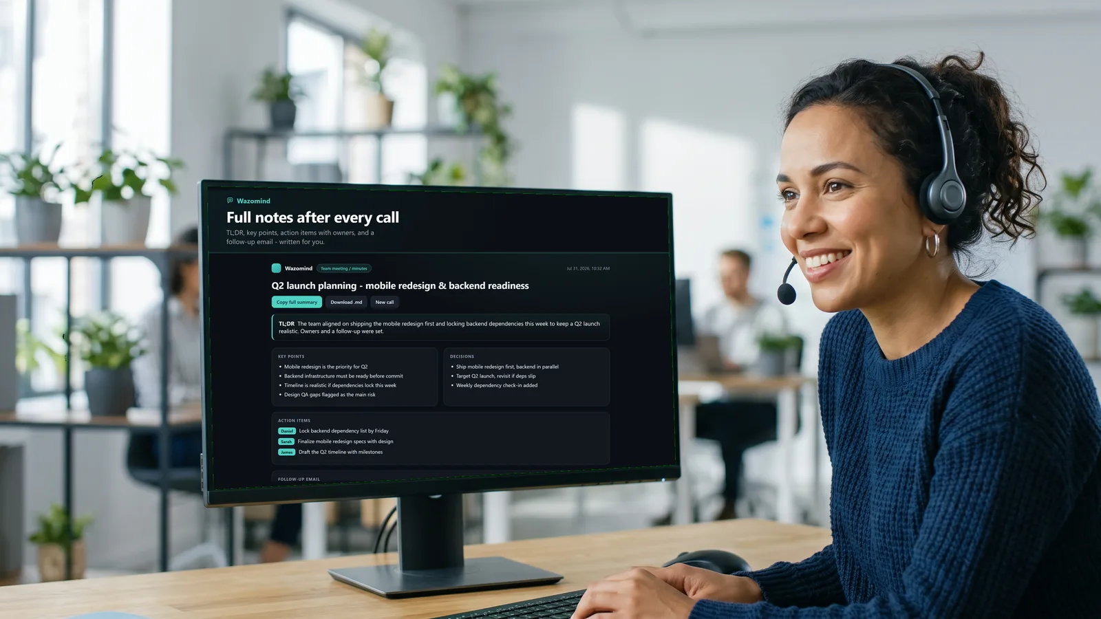 A customer success manager on a check-in call with Wazomind's notes and action items on screen