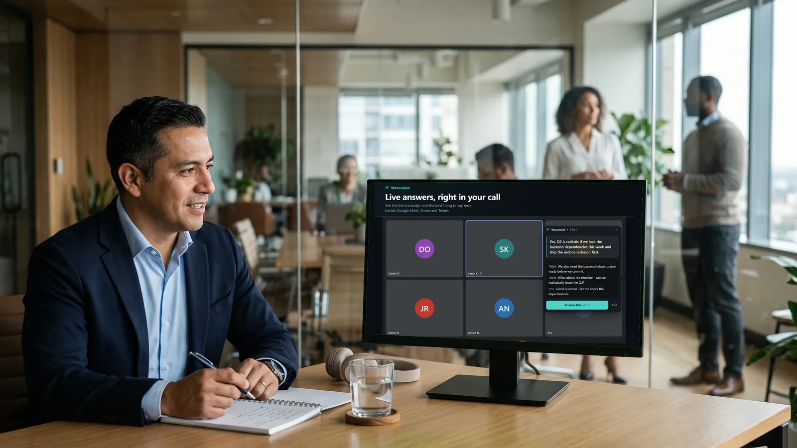A consultant on a client video call with Wazomind showing a live answer beside the call