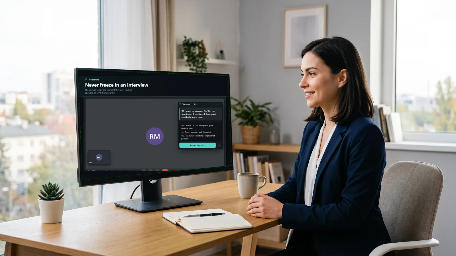 A job candidate before a video interview, with Wazomind showing a suggested answer beside the call