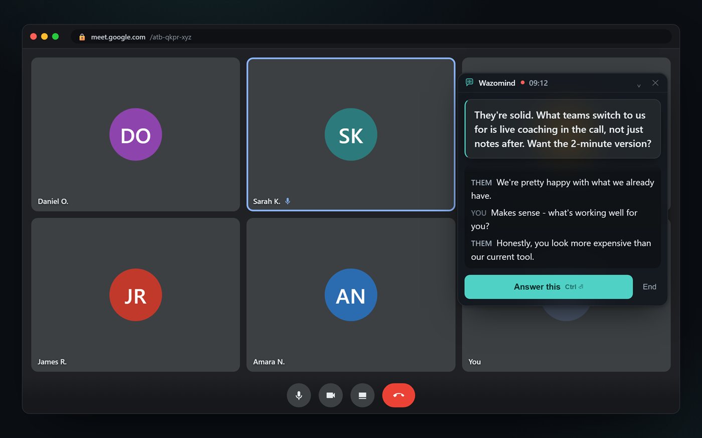 Wazomind showing a suggested answer during a live sales call, drawn from the user's own documents